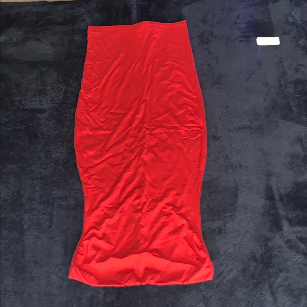 Red strapless dress